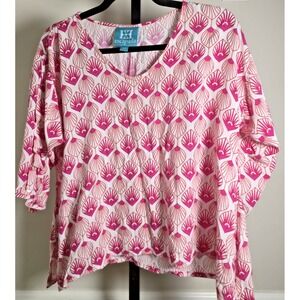 Escapada Women's XS 3/4 Sleeve Rayon‎ Tunic Blouse Fuschia Pink & White Pattern